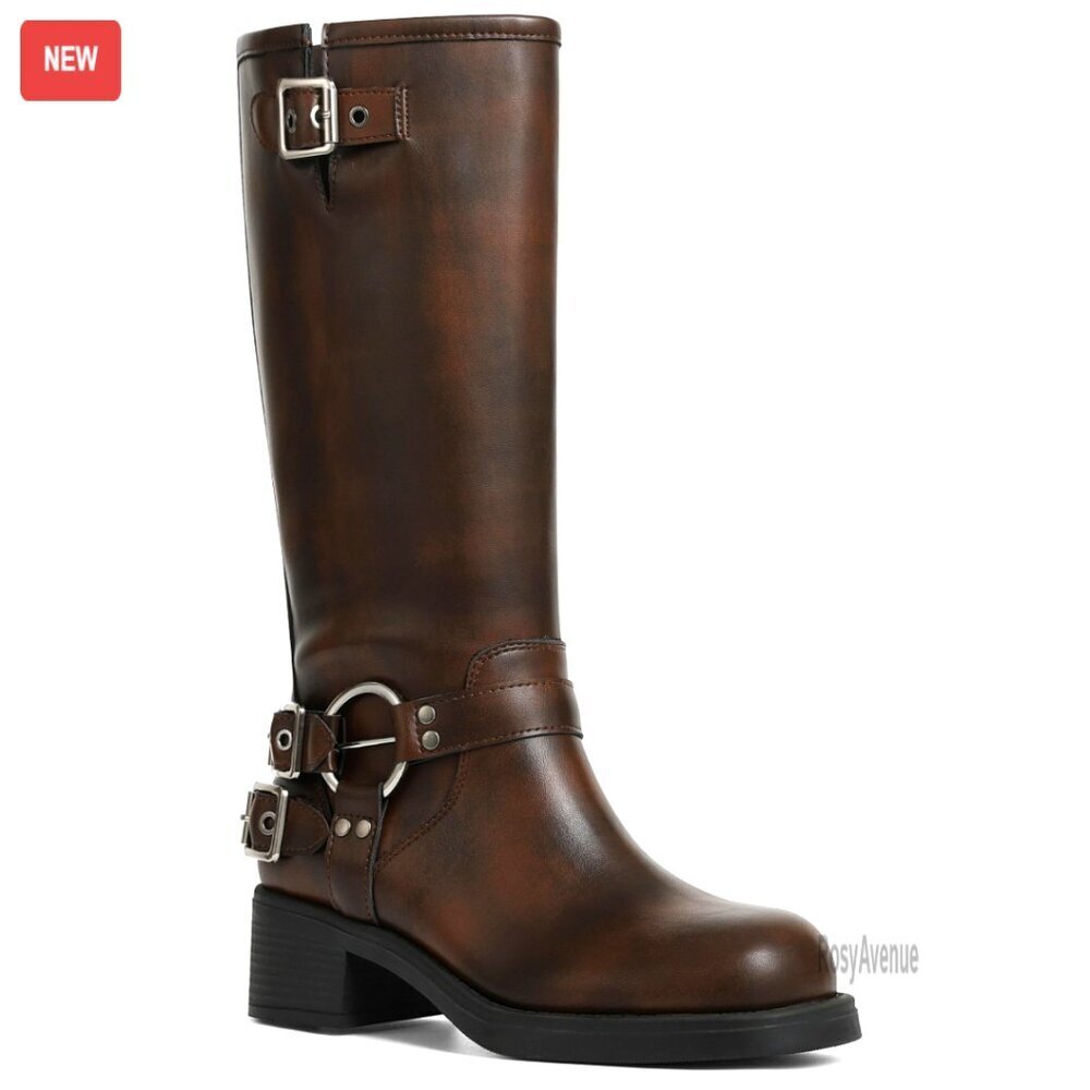 Knee High Riding Boots Wide Calf Square Toe Chunky Heel Buckle Pull On